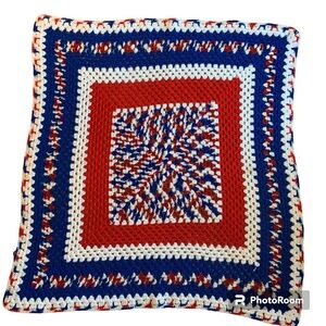 Vintage Afghan Crocheted Blanket Handmade Red Blue Throw 48" x 48" Patriotic USA